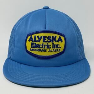 Vintage 80s Alyeska Electric Inc Trucker Hat Baseball Cap Alaska Snapback Blue